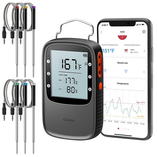 Govee Bluetooth Meat Thermometer, Wireless Meat Thermometer for Smoker Oven, Digital Grill Thermometer with 6 Probes, Timer Mode, Smart LCD Backlight BBQ Thermometer for Cooking Turkey Fish Beef