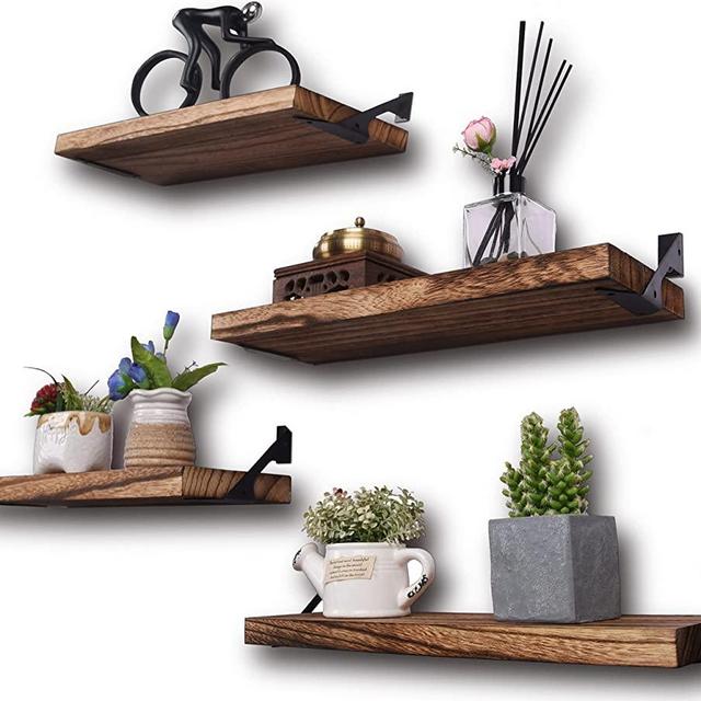Rustic Wood Floating Shelves for Wall Farmhouse Wooden Wall Shelf for Bathroom Kitchen Bedroom Living Room Set of 4 Light Brown