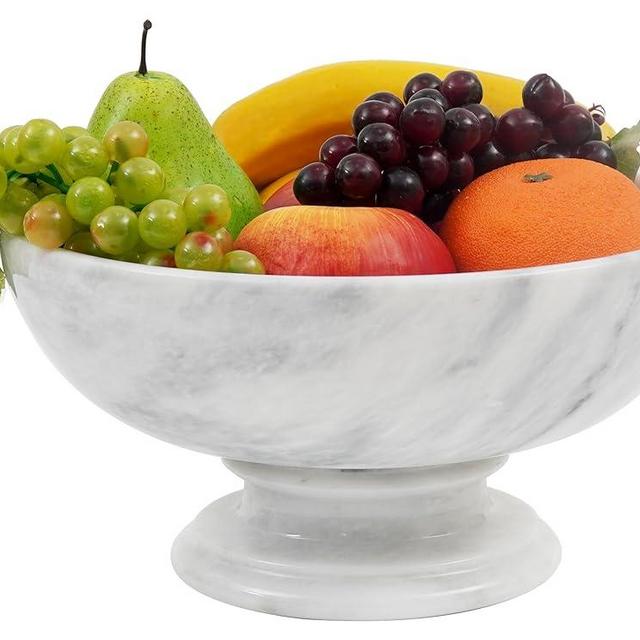 Radicaln Marble Fruit Bowl White 10'x5 Inch Handmade Fruits Serving Bowl For Kitchen Organization - Large Fruit Bowl For Kitchen Counter - Modern Banana Holder