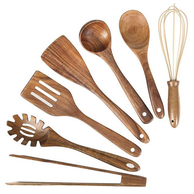 Wooden Kitchen Utensil Set,Wood Utensils Cooking Set Organic Teak Wood Spoons for Cooking,Spatulas Non-Stick for Cookware Kitchen Gadgets (7)