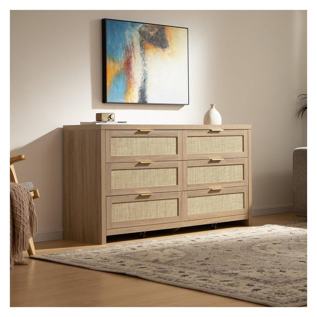 Rattan Dresser for Bedroom, 57" Wide 6 Drawer Dresser with Ample Storage, Dressers Large Chest of Drawers, Closet, Boho TV Stand for Bedroom