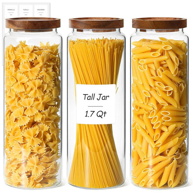 ComSaf 3Pcs (1.7Qt) Airtight Glass Pasta Storage Containers with Acacia Wood Lids, Tall Pantry Storage Container for Organizing Spaghetti and Pasta, Thick Glass Spaghetti Container with Pasta Labels