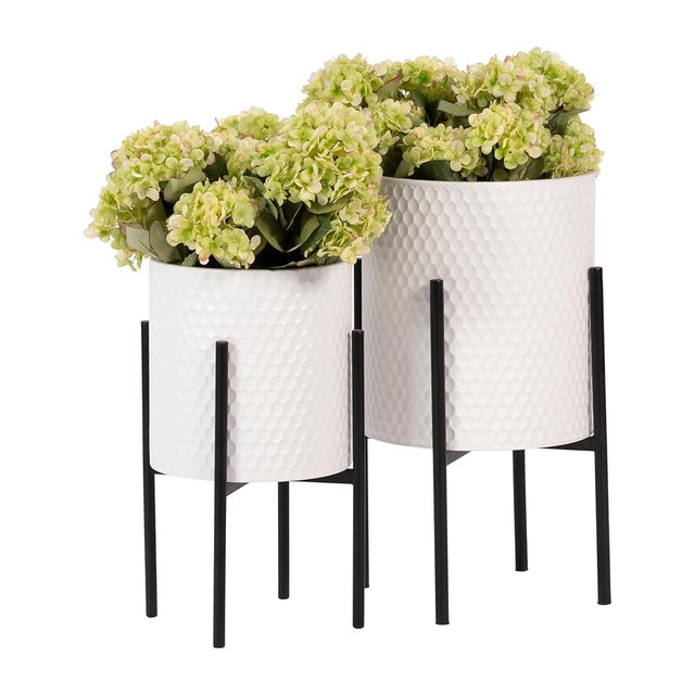 Decorative Flower Pots with Metal Stand for Home Decor - Modern Planters for Hallway, Entryway, and Living Room Decor - Indoor and Outdoor Pots for Plants - Set of 2, 23", 19", White & Black