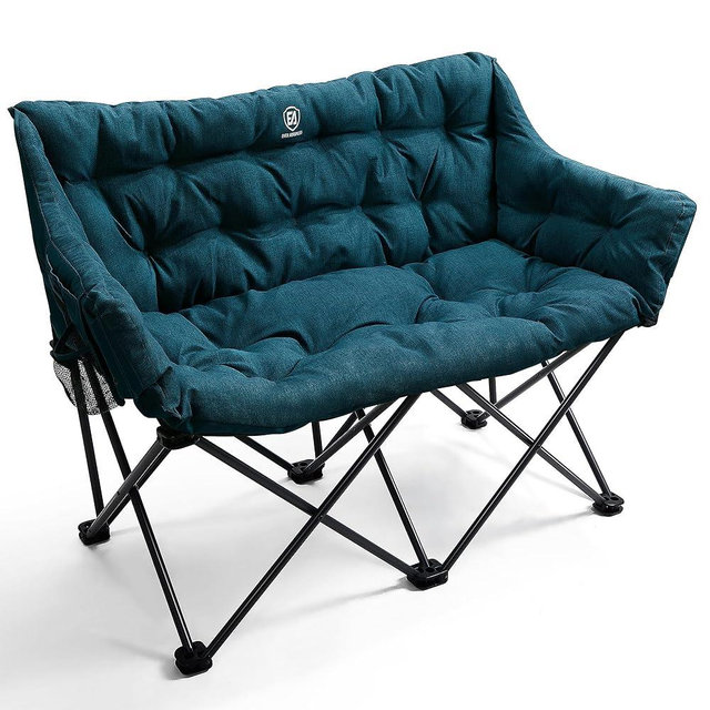 EVER ADVANCED Double Camping Chair for Adults, Padded Folding Camping Love Seat with Side Pocket Portable Camping Couch, Two Person Heavy Duty Folding Outdoor Chair with Cushion,Support 600lbs,Green