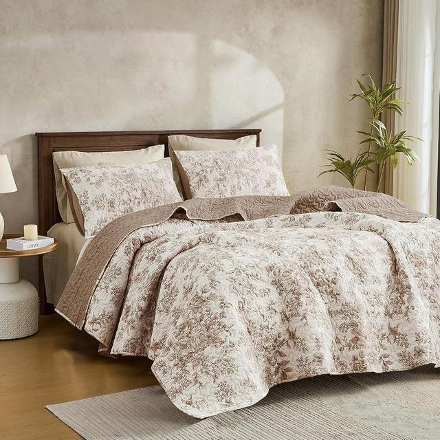 Wonderful Taupe Floral Quilt Set Queen Size, Reversible Quilt Bedding Set for Queen Bed, Taupe Lightweight Bed Cover 3pcs Soft Printed Bedspread and Coverlet for All Season