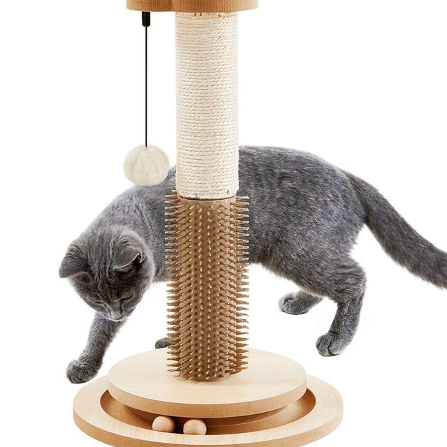 Made4Pets Cat Scratching Post 18" Tall for Small Kittens, 4-in-1 Cat Scratcher with Natural Sisal Ropes, Wooden Turntable Track Toy with Self Grooming Brush, Premium Scratch Pole with Plush Balls