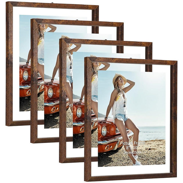 Trwcrt 4 Pack 8x10 Picture Frame, Double Glass Rustic Floating Picture Frames Display up to 10 x 12 photos for Desktop or Wall Hanging, Brown