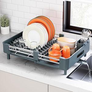 Urackify Stainless Steel Dish Drying Rack - Dish Drainer for Kitchen Counter, Extendable Drainboard with Foldable, Space-Saving Cup & Bowl Organizer, Includes Knife and Utensil Holder, Matte-Green