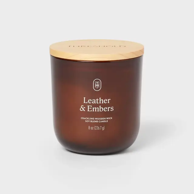 Amber Glass Wooden Wick Leather and Embers Jar Candle 8oz - Threshold™