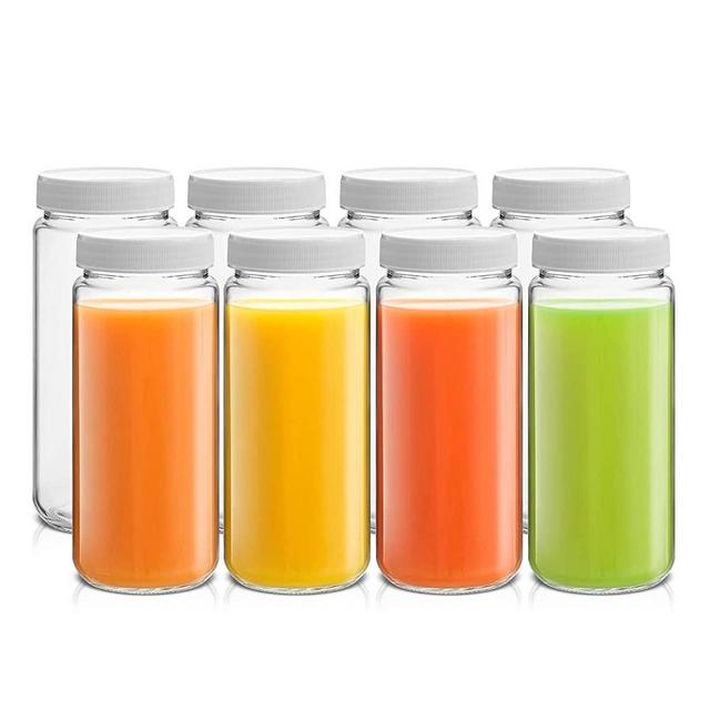 JoyJolt Reusable Juice Bottles, 16 oz Glass Bottles with Caps. Set of 8 Juicing Bottles Reusable Glass Bottles With Lids and Juice Jars Labels. Glasses for Juice, Cold Brew Bottles, Smoothie Jars