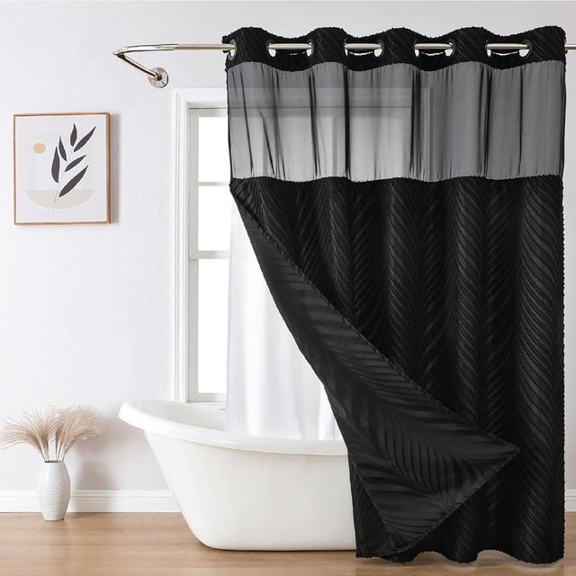 eachope no Hook Shower Curtain and Liner Set，Boho Style with See Through Top Window, Black Fabric Tufted Striped Textured Outer Curtain & Waterproof Inner Liner, DarkBlack, 71Wx74H