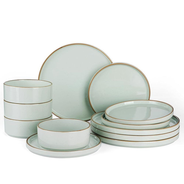 Famiware Nebula Plates and Bowls Sets for 4, 12 Pieces Stoneware Dinnerware Set, Microwave and Dishwasher Safe Dishes Set, Light Green with Brown Rim