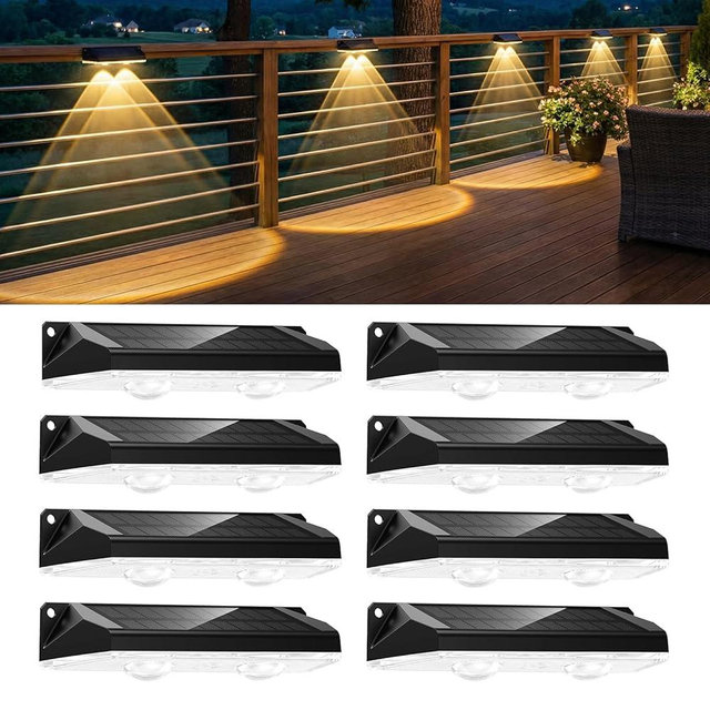 Brightown 8 Pack Solar-Fence-Lights-Outdoor, IP65 Waterproof Warm White & RGB 11 Color Solar Deck Step Flood Lights, Solar Patio Lights for Outside Backyard Yard Home Improvement Wall Railing