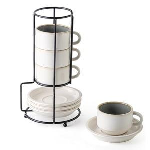 JIEMEI HOME Porcelain Stackable Espresso Cups with Saucers and Metal Stand, 4 Ounce Demitasse Cups for Specialty Coffee Drinks, Cafe Mocha Tea-Set of 4, Stackable Espresso Mugs, White & Green