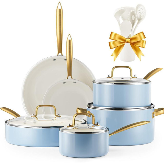 VONIKI 16 Pcs Ceramic Pots and Pans Set - Non Stick, Non Toxic Cookware Set with Cooking Utensils