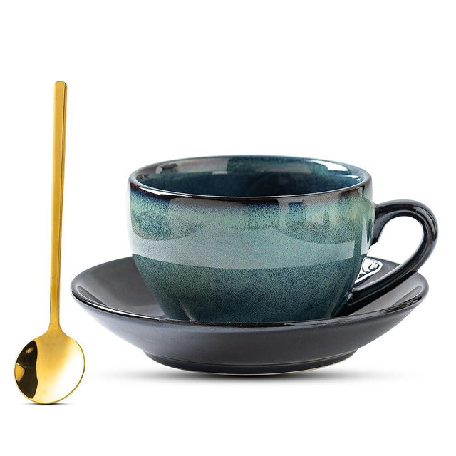 Tvvtuww Porcelain Coffee Cup with Saucer Spoon, Vintage Design Ceramic Latte Art Cappuccino Barista Espresso Tea Cup with Saucer (11.6 oz, 350ml, Mist Green)