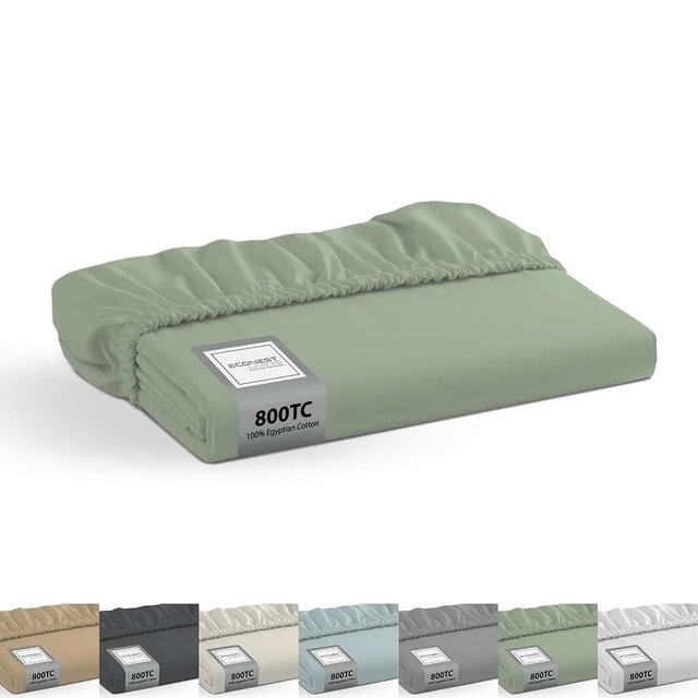 Econest Living 100% Egyptian Cotton King Fitted Sheet Only, 800 Thread Count Cotton Fitted Sheet King, Soft, Durable, Cooling 16” Deep Pocket Sateen Weave Bottom, Luxury Hotel Quality - Sage