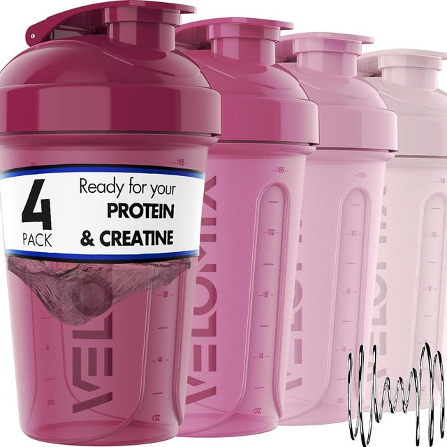 VELOMIX -4 PACK- 20 OZ Protein Shaker Bottles for Protein Mixes, Shaker Cups for Protein Shakes, Small Shaker Bottle Pack, Shaker Cup, Shakers for protein Shakes (Berry Blend-4 Pack)