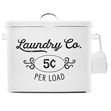 AuldHome Farmhouse Laundry Powder Container, White Enamelware Detergent Bin with Scoop