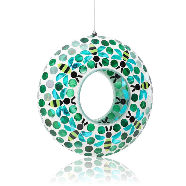 VCUTEKA Bird Feeder Mosaic Fly Through Bird Feeders for Outside Hanging with Round Shape Glass Container to Attract More Wild Birds for Garden, Yard, Backyard, Deck and Porch Decor, Bee 10-Inch