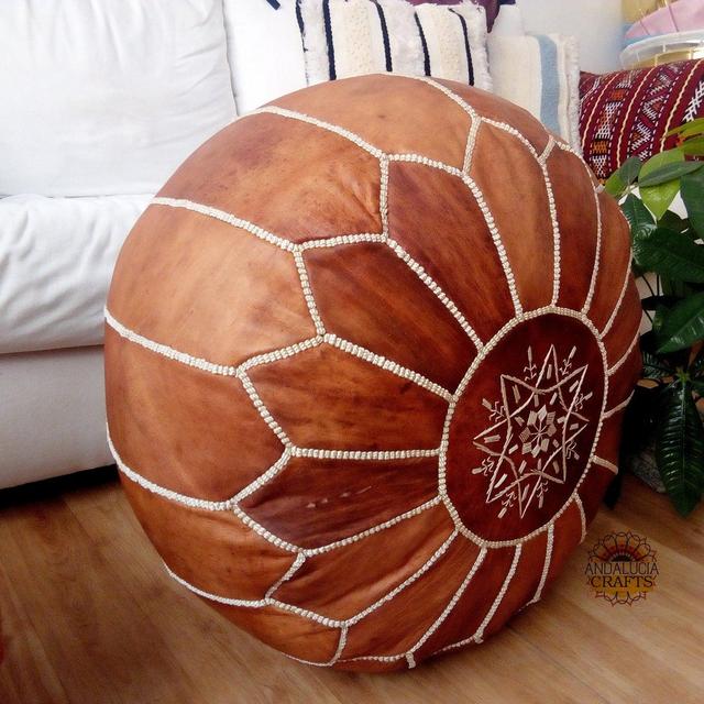 Moroccan Oiled Tan POUF Ottoman pouf with White Stitching - Moroccan Leather Pouf Moroccan pouf unstuffed
