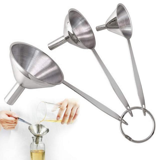 3 in 1 Metal Funnels for Filling Bottles Stainless Steel Small Kitchen Funnel Set for Transferring Essential Oils Liquid Fluid Spice Dry Ingredients Powder, Durable and Dishwash Safe