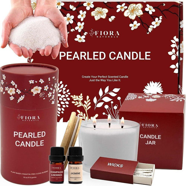 Pearled Candle Sand Gift Set - 18oz Sand Wax, 30 Wicks, 2X Natural Fragrance Oils + Free Large Glass Jar Included - Smoke-Free Powder Snow Candles, Upto 120 Hours Burn Time - DIY Candle Making Kit