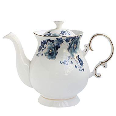 Jomop European Style Ceramic Flower Teapot Coffee Pot Water Pot Porcelain Gift Petal Large 5.5 Cups (1, Blue and White)