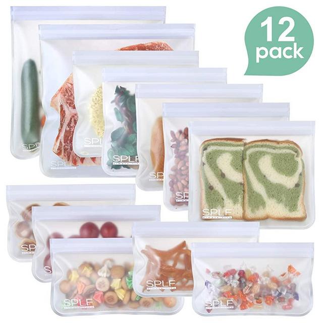 SPLF 12 Pack UPGRADED BPA FREE Reusable Storage Bags (5 Sandwich Bags, 5 Snack Bags, 2 Gallon Bags), Dishwasher Freezer Safe Leakproof Silicone and Plastic Free Ziplock Lunch Bags Food Storage