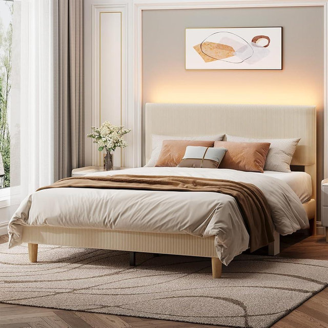 Bestier Queen Bed Frame with Adjustable Headboard, LED Lighting, Vertical Channel Tufted Corduroy Upholstered, Solid Wooden Slats Support, No Box Spring Needed, Never Squeaks, Easy Assembly, Beige