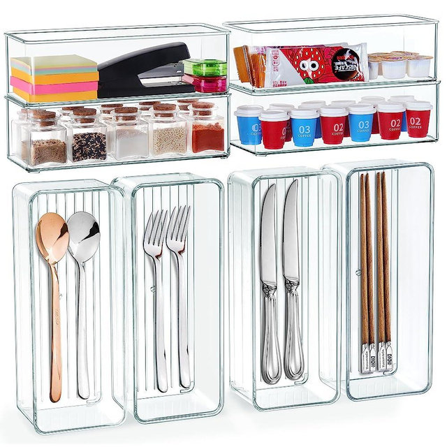 Qilinba 8 PACK Clear Drawer Organizers Home Edit Storage Bins, Plastic Stackable Organizer Tray for Kitchen Bathroom Office Pantry Cabinet Organizing