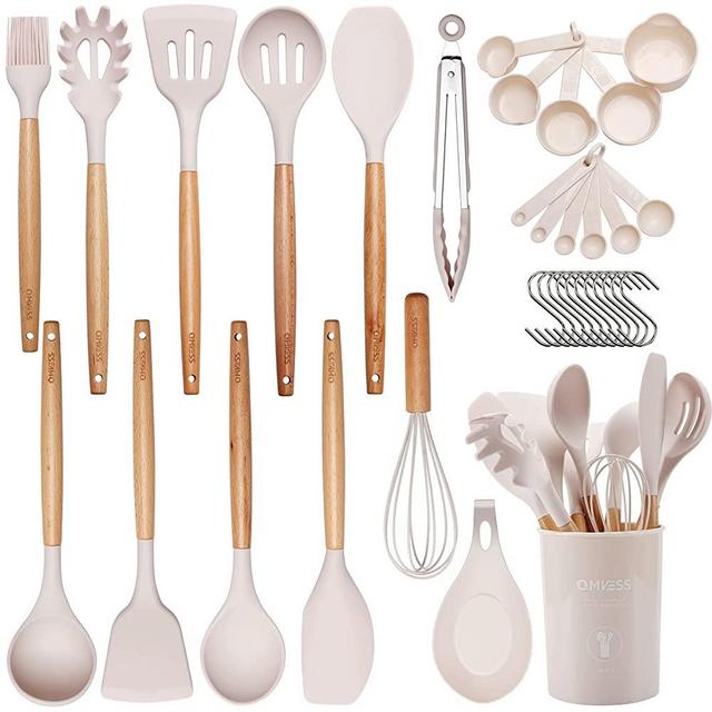 Kitchen Utensils Set, QMVESS 35 Pcs Non-Stick Silicone Cooking Utensils Set with Holder, Sturdy Wooden Handle, Heat Resistance Silicone Spatula Spoon Kitchen Gadgets Utensils Set (Khaki)