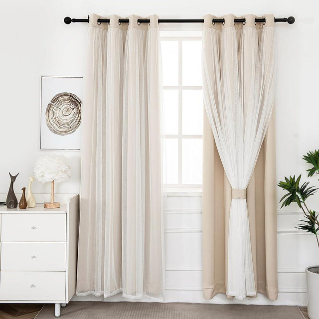 INLINAS Beige Blackout Curtains with Sheer Layer - Grommet Top Thermal and Noise Reduction Panels for Bedroom and Living Room Light Blocking and Energy Saving, 52 x 84 Inches, Set of 2