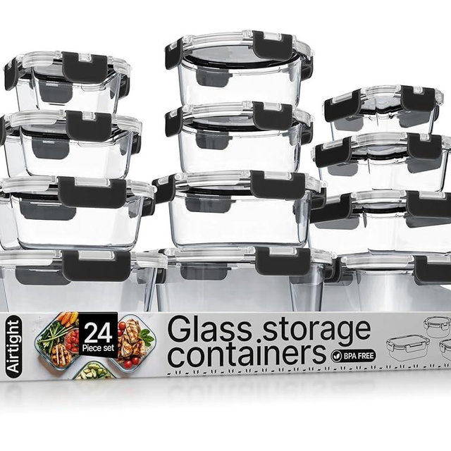 Bakken Borosilicate Glass Food Storage Containers with Lids 24 Pieces, BPA-Free Stackable Lunch & Leftover Containers, Microwave, Freezer & Dishwasher Safe, 100% Airtight Leak-Proof, Black