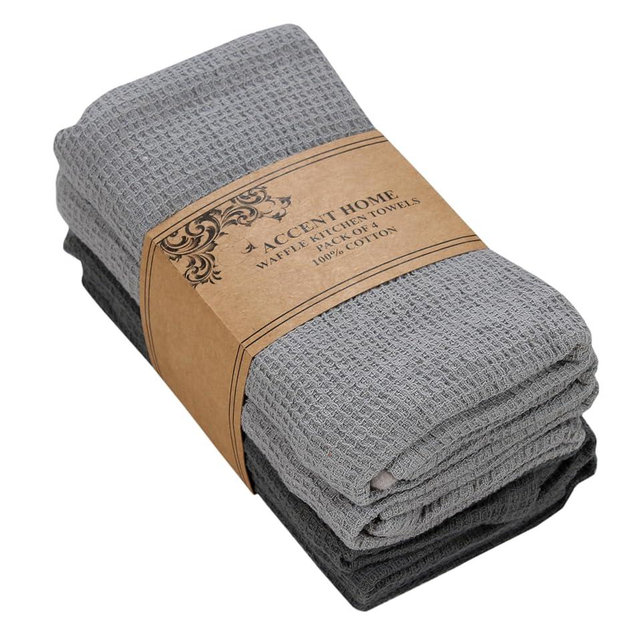ACCENTHOME 100% Cotton Waffle Weave Kitchen Towel Set of 4 Super Soft Absorbent Tea Towels | Durable Cleaning Dish Cloths Perfect for Mess & Quick Drying Dishes Rags 20x28 inches in Grey Color