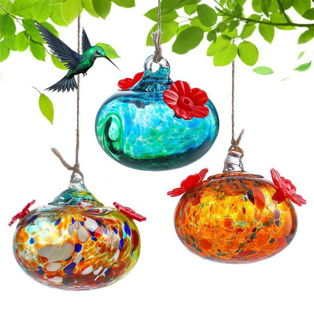KRISININE Set 3 Small Blown Glass Hummingbird Feeders for Outdoors Hanging with 2 Flower Feeding Ports Glass Humming Bird Feeders Garden Decor for Outside