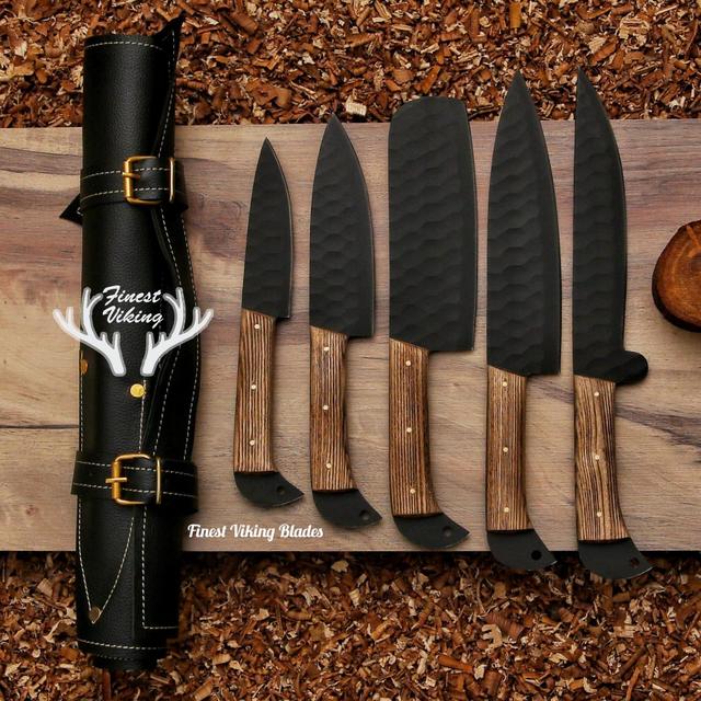 Hand Forged Damascus Chef Set | Damacus Knife Set {Kitchen Knives-5Pcs} Chef Knife | ANNIVERSARY Gift | CHRISTMAS Gift | THANKSGIVING Gift.