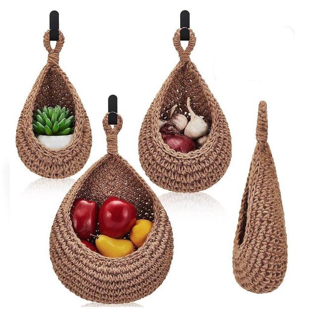 Set of 3 Jute Wall Hanging Baskets for Potato Garlic Onion Fruits Hand Made Hanging Bag for Farmhouse Decor and Kitchen Storage Organization (brown)