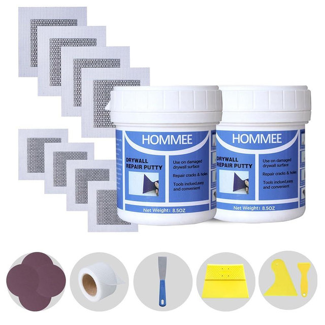 Drywall Repair Kit,Drywall Hole Patch Repair Kit to Fix Wall Surface Holes and Creak Damage with White Repair Putty 17OZ,8PCS Aluminum Repair Patchs,Scraper,Sanding Pad Fill Quick and Easy Solution