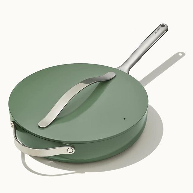 Caraway Ceramic Sauté Pan With Lid – Durable, Non-Toxic Ceramic Coated Interior – Stainless Steel Handles – Induction, Gas, & Electric Stovetop Safe – Oven Safe – Sage