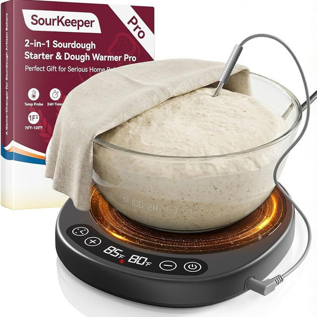 SourKeeper Larger Sourdough Starter Warmer Pro - 2026 Upgrade Larger Heating Plate, Dough Temp Probe, 1°F Control (70–110°F), 24H Timer, Real-Time Monitoring, for Beginner Bakers Black