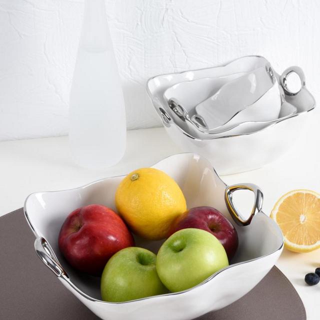Handle White & Silver Large Bowl