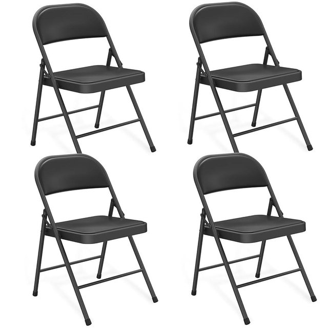 FurniEdge Padded Folding Chairs 4 Pack, PU Leather Folding Chairs for Outside and Indoor, Heavy Duty Portable Foldable Metal Chairs for Home Office, Dorm, Party, Backyard, Patio, Black