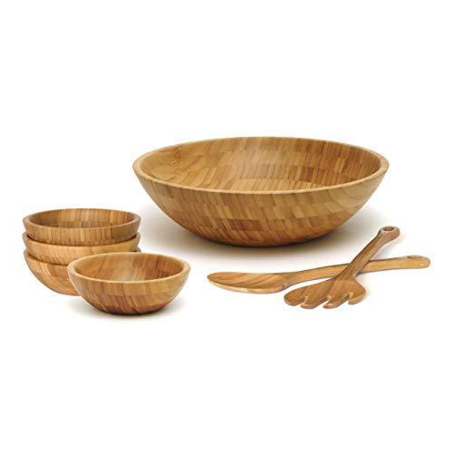 Lipper International 8204-7 Bamboo Wood Salad Bowls with Server Utensils, 7-Piece Set, Assorted Sizes
