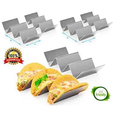 6 Pack Stainless Steel Taco Holder Tray, Taco Truck Stand Holds Up To 3 Tacos Each as Plates, Use as a Shell Baking Rack - Safe for Dishwasher, Oven, and Grill, Holders Size 8" x 4" x 2" (Pack of 6)