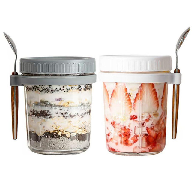 Overnight Oats Containers with Lids and Spoons,16 Oz Glass Mason Jars Oats Leak Proof, Airtight Oatmeal Container with Measurement Marks for Cereal Fruit Vegetable Yogurt Meal (Grey White-2Pack)