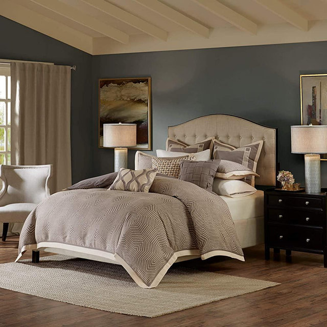 Madison Park Signature Shades Of Grey Queen Size Bed Comforter Duvet 2-In-1 Set Bed In A Bag - Grey , Geometric – 8 Piece Bedding Sets – Ultra Soft Microfiber Bedroom Comforters