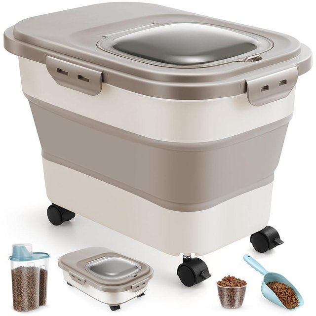 ANVS Dog Food Storage Container - Up to 20lbs Collapsible Dog Food Container with Casters, Scoop and 2.5L Small Pet Food Container to Keep Dry Pet Food Fresh (Khaki)