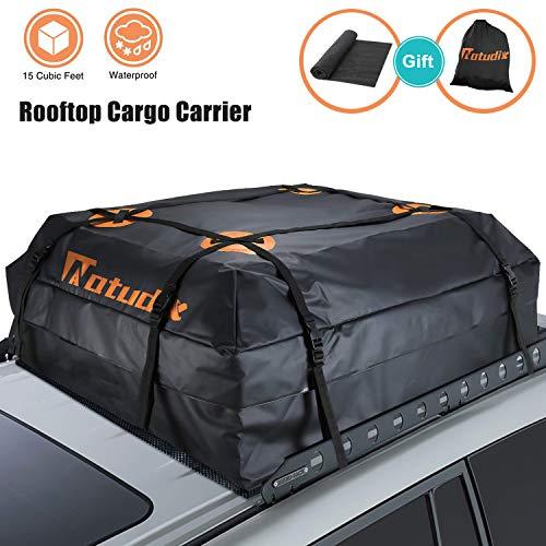 Natudix Car Rooftop Cargo Carrier Bag - 15 Cubic Feet Waterproof & Sturdy Zippers Car Roof Bag with Protective Mat and Carry Bag, Fits All Cars with Rack