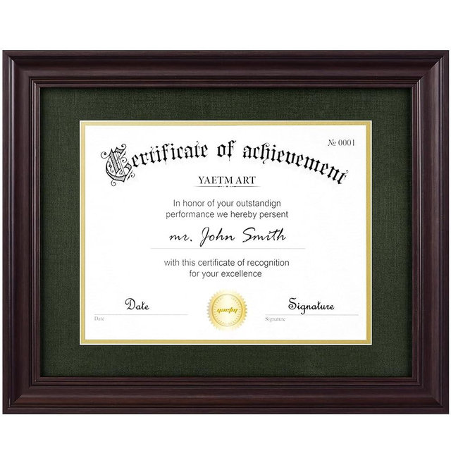 Yaetm 11x14 Diploma Frame, Certificate Frame with Tempered Glass, Display 8.5x11 Document with Dark Green Over Gold Acid-free Mat or 11 x 14 without Mat, Wide Molding (Single, Brown/Green)